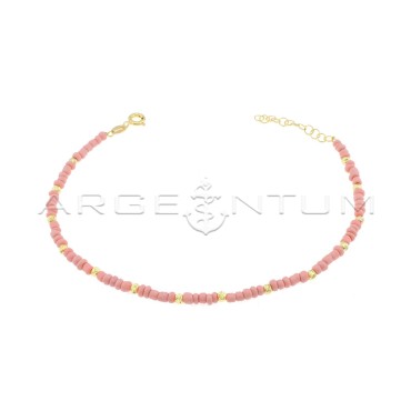 Anklet with pink resin washers and yellow gold plated diamond spheres in 925 silver