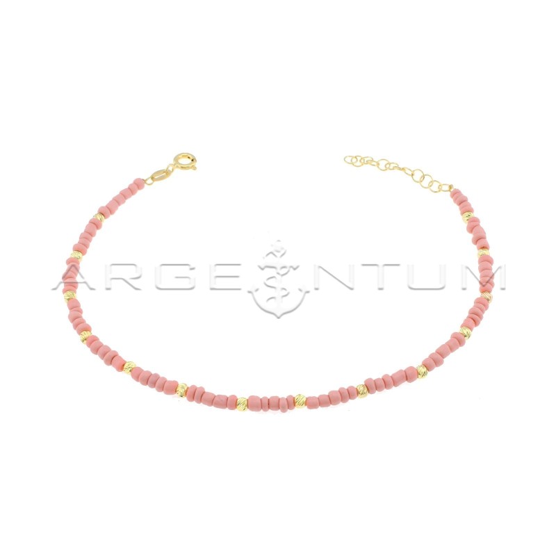Anklet with pink resin washers and yellow gold plated diamond spheres in 925 silver