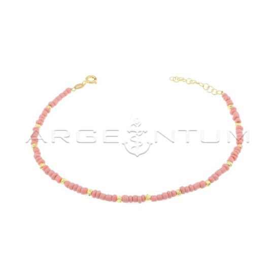 Cavigliera con rondelle in resina rosa e sfere diamantate placcata oro giallo in argento 925