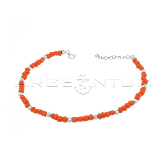 Anklet with orange resin tubes and white gold plated diamond spheres in 925 silver