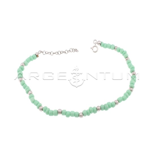 Cavigliera con tubetti in resina verde e sfere diamantate placcata oro bianco in argento 925
