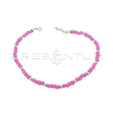 Anklet with fuchsia resin tubes and white gold plated diamond spheres in 925 silver