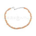 Anklet with powder pink resin tubes and white gold plated diamond spheres in 925 silver