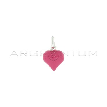 Ciondolo cuore accoppiato smaltato fucsia placcato oro bianco in argento 925