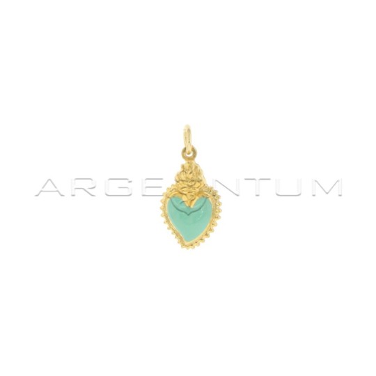 Sacred heart pendant paired engraved and enameled green water yellow gold plated in 925 silver