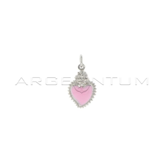 Sacred heart pendant paired engraved and enameled rose white gold plated in 925 silver
