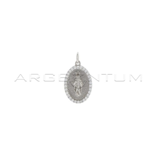 Ciondolo medaglia miracolosa satinata 15,5x19,5 mm in cornice di zirconi bianchi placcato oro bianco in argento 925