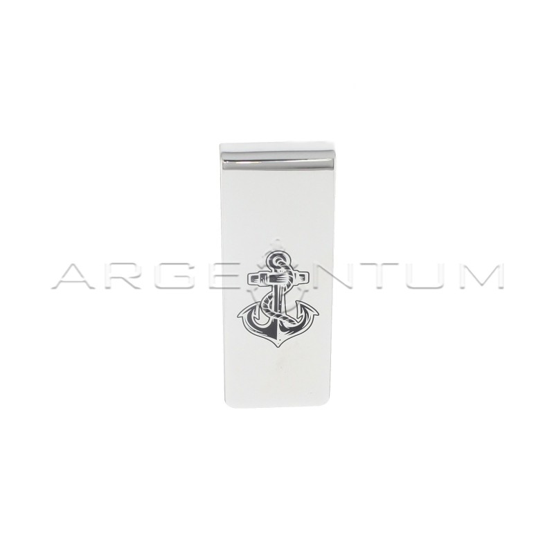 Money clip with engraved and black enameled anchor in white gold plated 925 silver