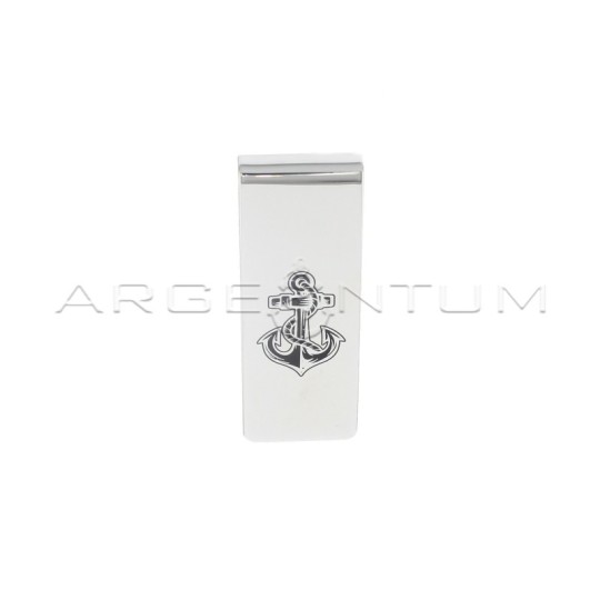 Fermasoldi con ancora incisa e smaltata nera placcato oro bianco in argento 925