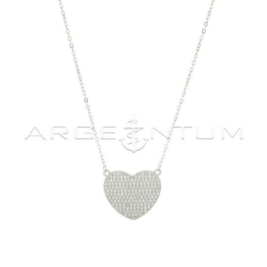Forced link necklace with central heart in white zircons pave white gold plated in 925 silver