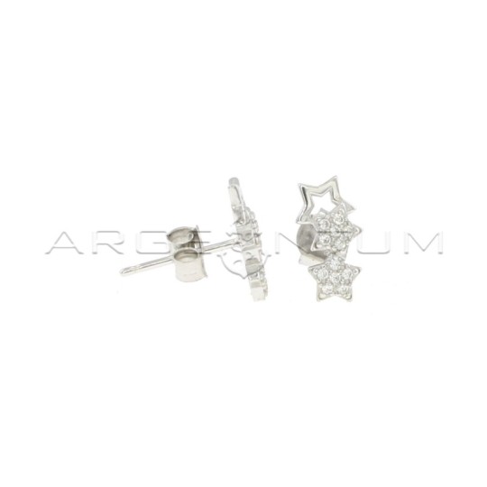 Stud earrings with 3 stars, 2 white zircons and a shiny shape plated with white gold in 925 silver