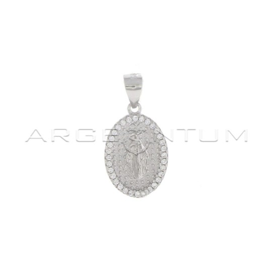 Miraculous medal pendant with madonna on a dotted base in a frame of white zircons, white gold plated in 925 silver