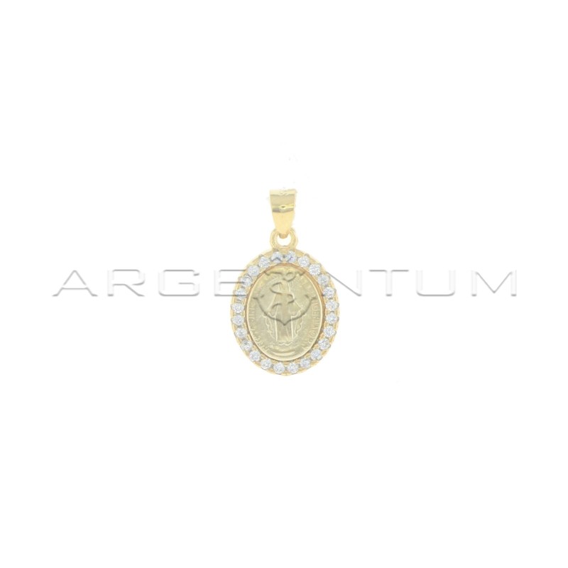Miraculous satin medal pendant in a frame of white zircons plated yellow gold in 925 silver