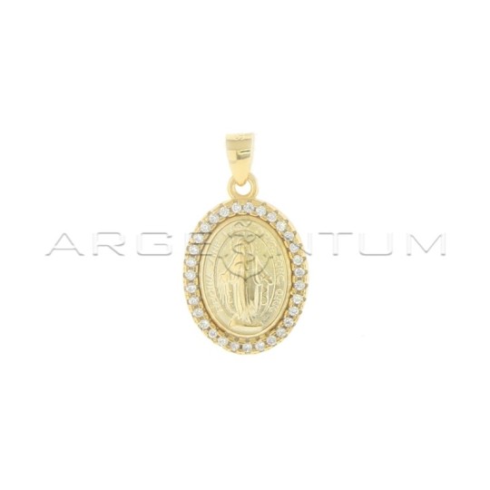 Miraculous satin medal pendant in a frame of white zircons plated yellow gold in 925 silver