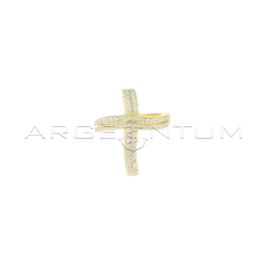 Wavy cross pendant with double strand of white zircons with yellow gold plated pass-through counter-link in 925 silver