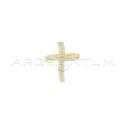 Wavy cross pendant with double strand of white zircons with yellow gold plated pass-through counter-link in 925 silver