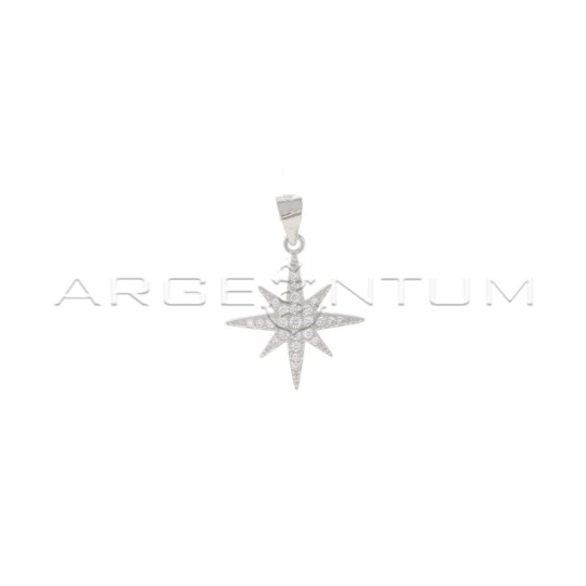 Wind rose pendant with white zircons pave white gold plated in 925 silver