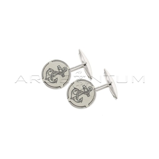 Gemelli tondi con ancora incisa su base satinata in cornice lucida placcati oro bianco in argento 925