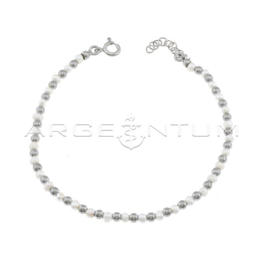 Freshwater cultured pearl bracelet and white gold plated shiny spheres in 925 silver