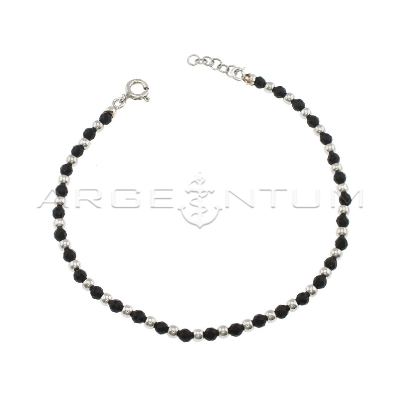 Bracciale di cristalli faccettati neri e sfere lucide placcato oro bianco in argento 925