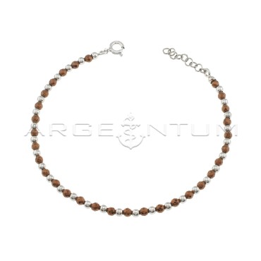 Bracciale di ematite faccettata marrone e sfere lucide placcato oro bianco in argento 925