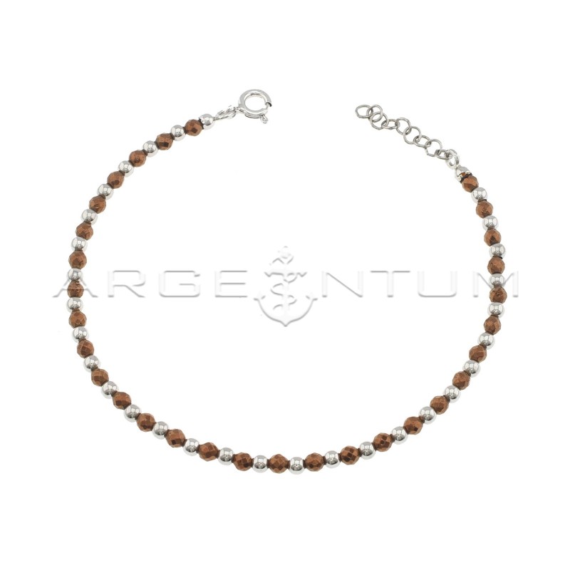 Brown faceted hematite bracelet and white gold plated shiny spheres in 925 silver