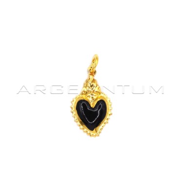 Sacred heart pendant paired engraved and enameled black yellow gold plated in 925 silver