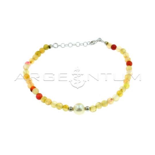Bracciale a sfere in agata nei toni del beige con perla centrale coltivata in acqua dolce e sfere laterali placcate oro bianco i