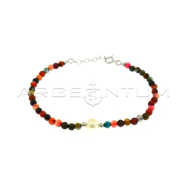 Multicolor agate ball bracelet with central freshwater cultured pearl and white gold plated side spheres in 925 silver