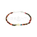 Multicolor agate ball bracelet with central freshwater cultured pearl and white gold plated side spheres in 925 silver