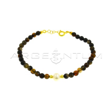 Bracciale a sfere in agata marrone con perla centrale coltivata in acqua dolce e sfere laterali in argento placcate oro giallo i