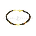 Brown agate ball bracelet with central freshwater cultured pearl and yellow gold plated silver side spheres in 925 silver