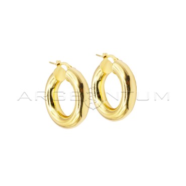 Yellow gold plated tubular hoop earrings with bridge clasp in 925 silver