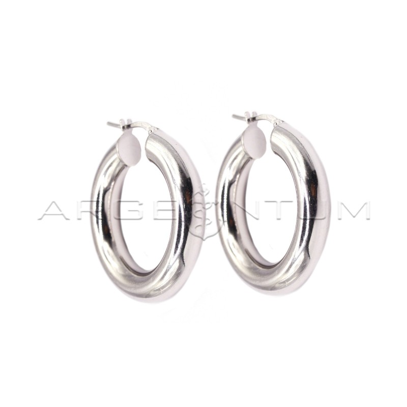 White gold plated tubular hoop earrings with bridge clasp in 925 silver