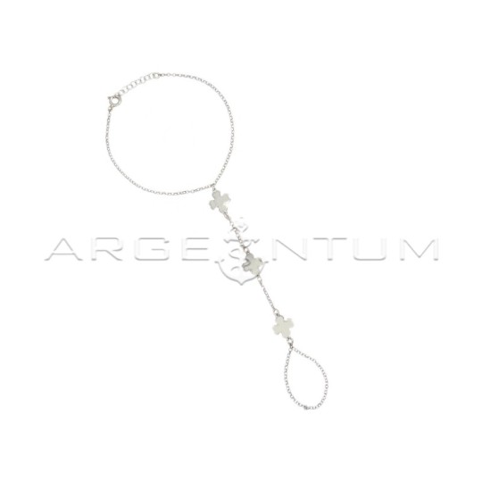 Bracciale baciamano maglia rolò diamantata con quadrifogli a lastra placcato oro bianco in argento 925
