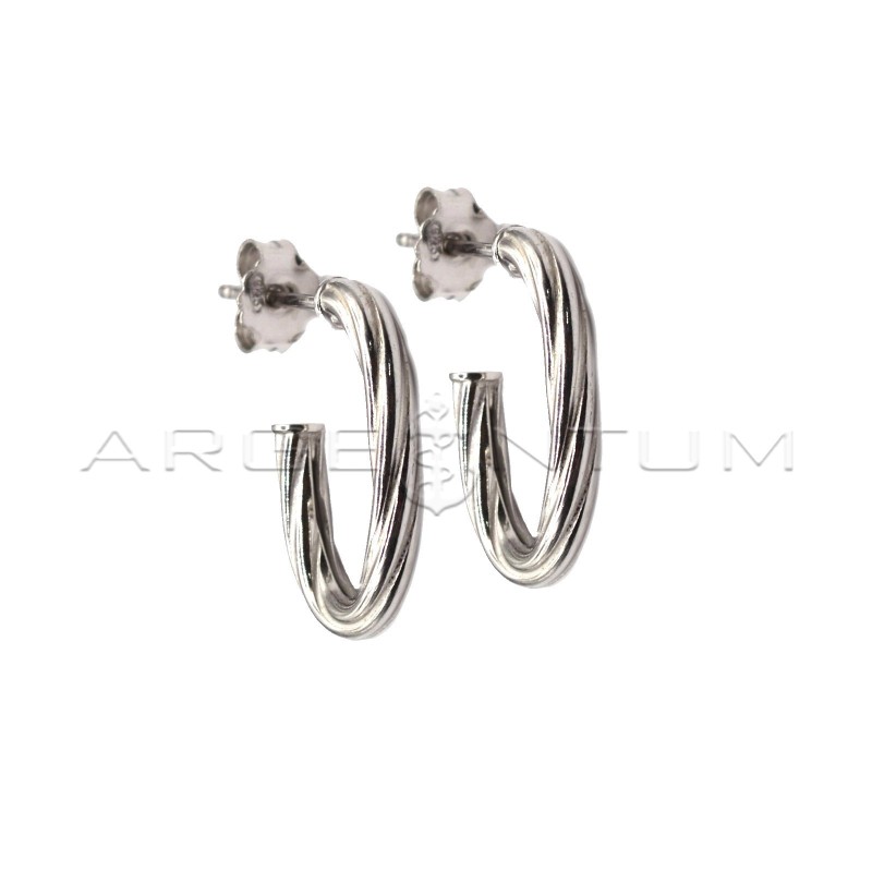 White gold plated tubular oval torchon hoop earrings with pressure attachment in 925 silver