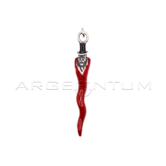 Red enamelled micro-cast horn and hunchback with black enameled hat in 925 silver