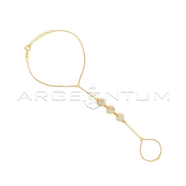 Bracciale baciamano maglia rolò diamantata con cuori a pavè di zirconi bianchi placcato oro giallo in argento 925