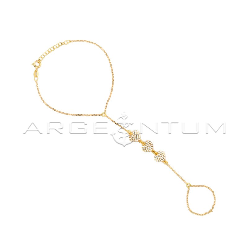 Bracciale baciamano maglia rolò diamantata con cuori a pavè di zirconi bianchi placcato oro giallo in argento 925