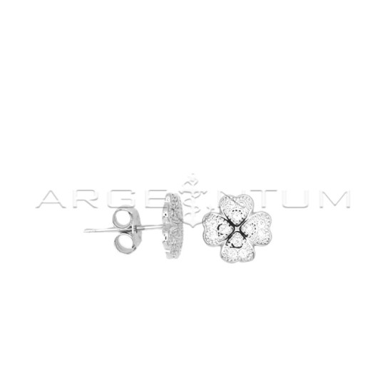 White zircon four-leaf clover lobe earrings with white gold plated snap attachment in 925 silver