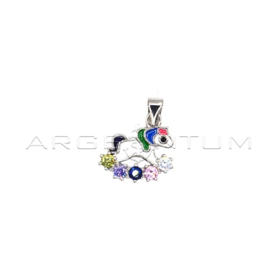 Ciondolo unicorno smaltato con dondolo zirconato multicolor placcati oro bianco in argento 925