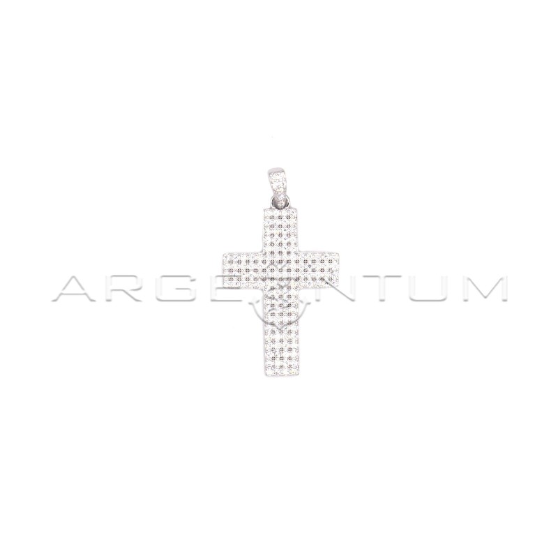 Cross pendant in white cubic zirconia pave with white gold plated zirconia counter-link in 925 silver