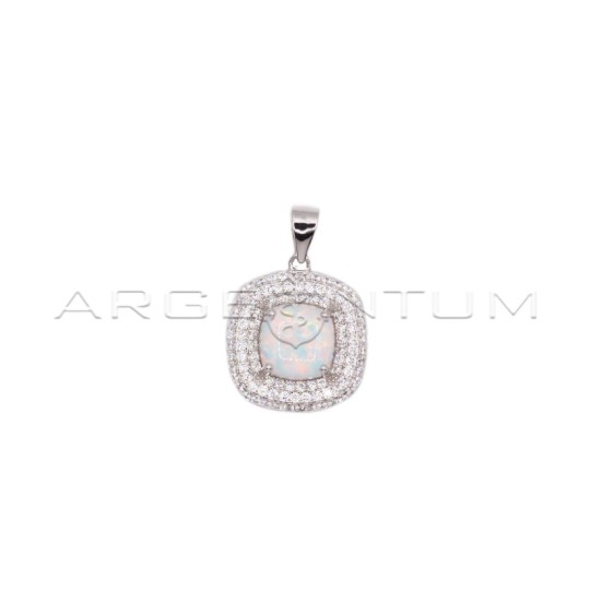 Pendant with white opalaescent square stone in a white gold-plated white zircon pave frame in 925 silver