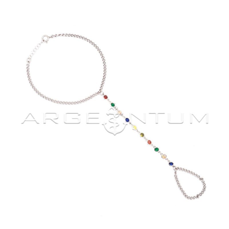 Bracciale baciamano maglia grumetta con segmento maglia tennis multicolor a cipollina placcato oro bianco in argento 925