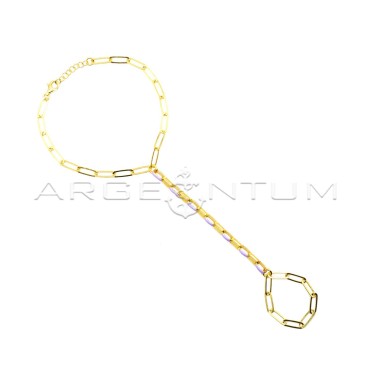 Hand-knitted biscuit bracelet with central segment purple enameled yellow gold plated in 925 silver