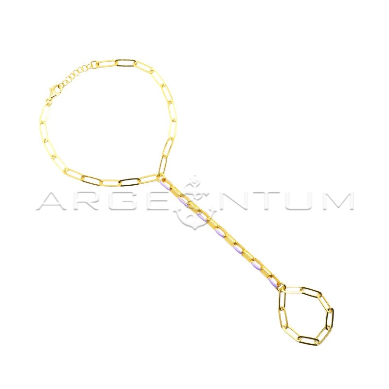 Hand-knitted biscuit bracelet with central segment purple enameled yellow gold plated in 925 silver