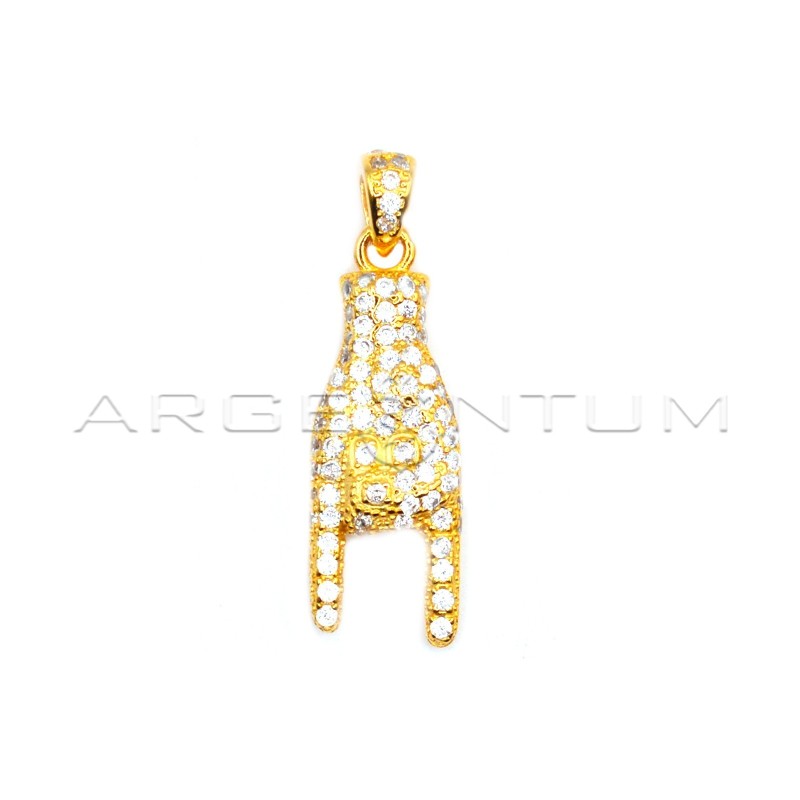 Rounded horns pendant in white cubic zirconia pave with yellow gold plated zirconia counter-link in 925 silver
