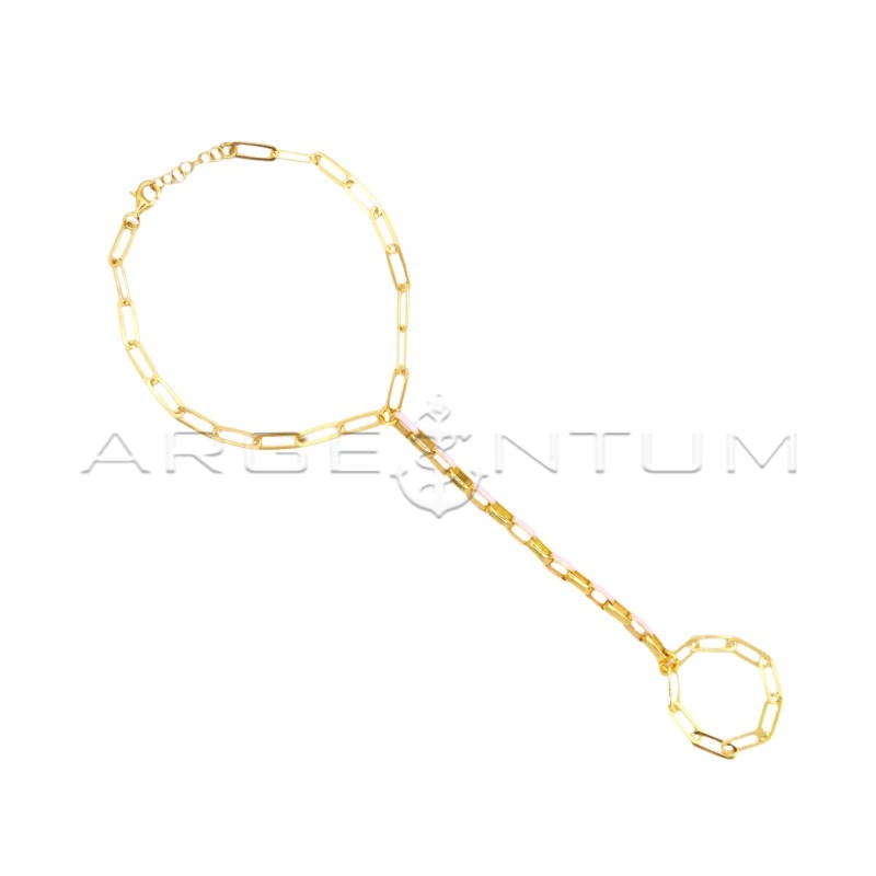 Hand-knitted biscuit bracelet with central segment in pink enamel, yellow gold plated in 925 silver