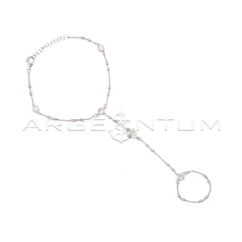 Bracciale baciamano maglia pallina alternata con punti luce a cipollina e cuore a pavè di zirconi centrale placcato oro bianco i