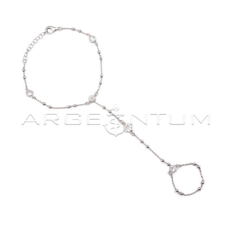 Bracciale baciamano maglia pallina alternata con punti luce a cipollina e quadrifoglio a pavè di zirconi centrale placcato oro b